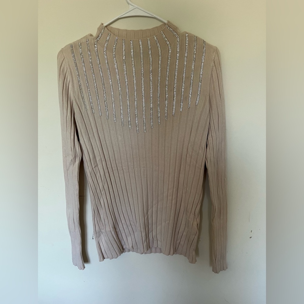 INC International Concepts Tan Ribbed Top with Silver Accents